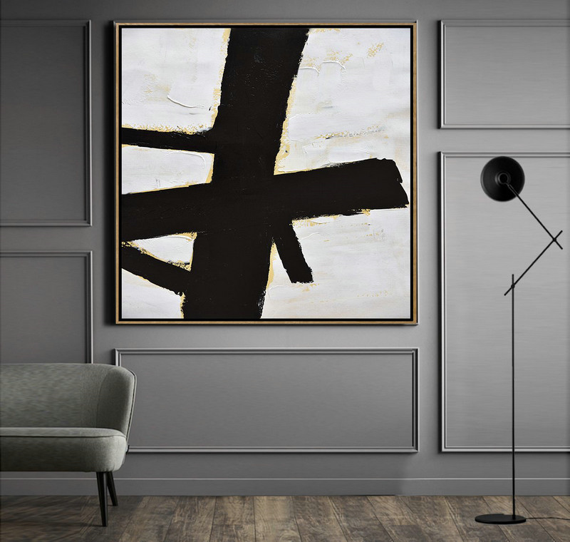 Extra Large Canvas Art,Handmade Minimal Art Palette Knife Canvas Painting, Black White Beige - Modern Art Abstract Painting